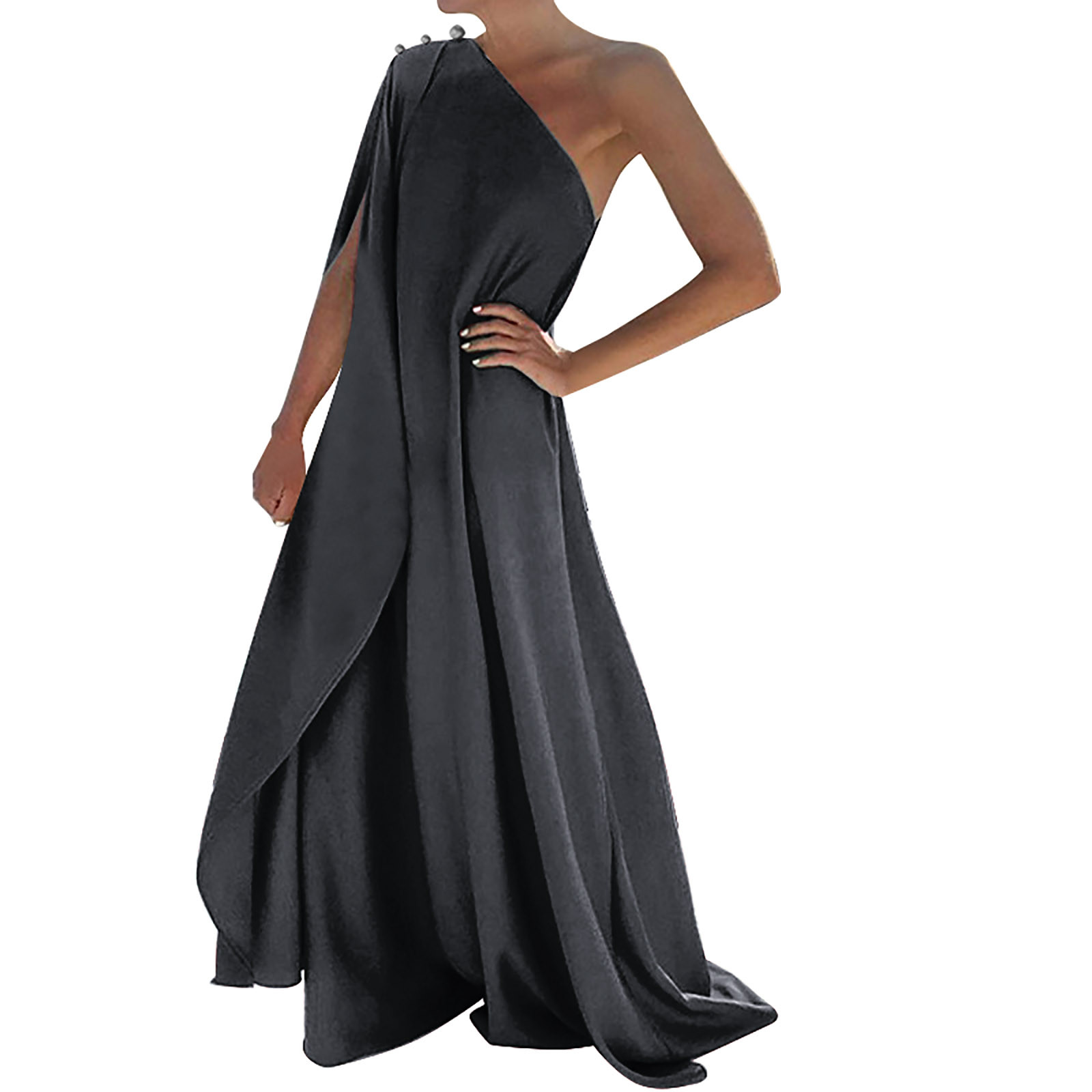 Vestido largo boho de un solo hombro para mujer - Color liso, fluido - Informal/playa/vacaciones - Mezcla de poliéster y spandex